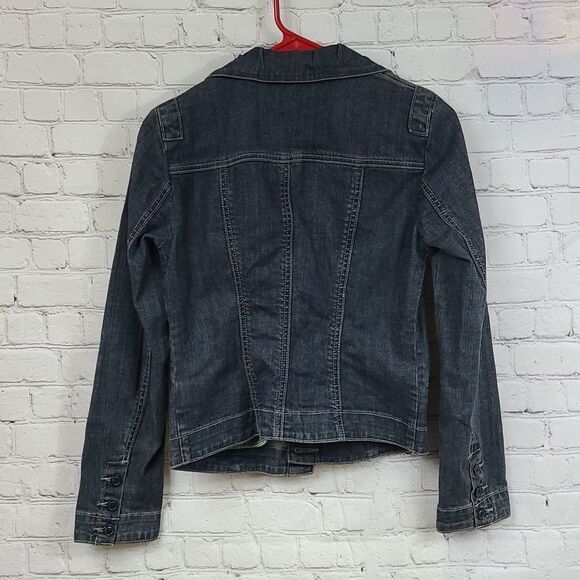 CAbi Vintage Lucy Jean Jacket #860 Indigo Blue Stretch Denim Fitted Pleat Collar - Picture 8 of 9